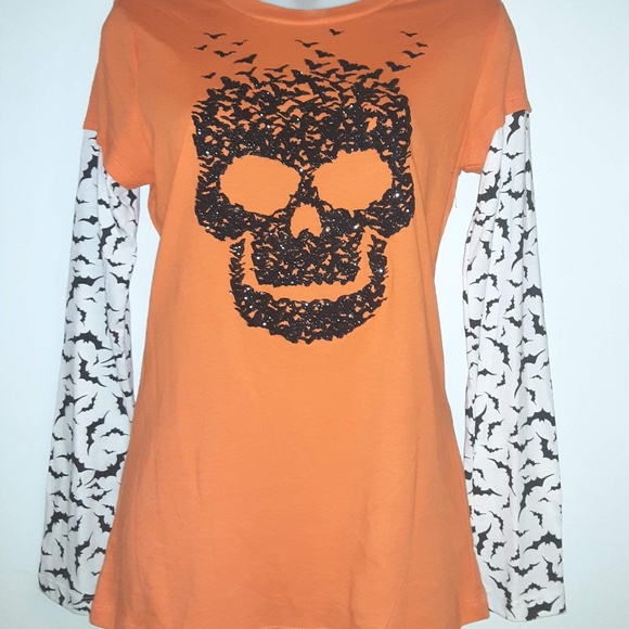 HALLOWEEN T-SHIRT - BLACK SKULL - ORANGE SHIRT - Picture 3 of 7